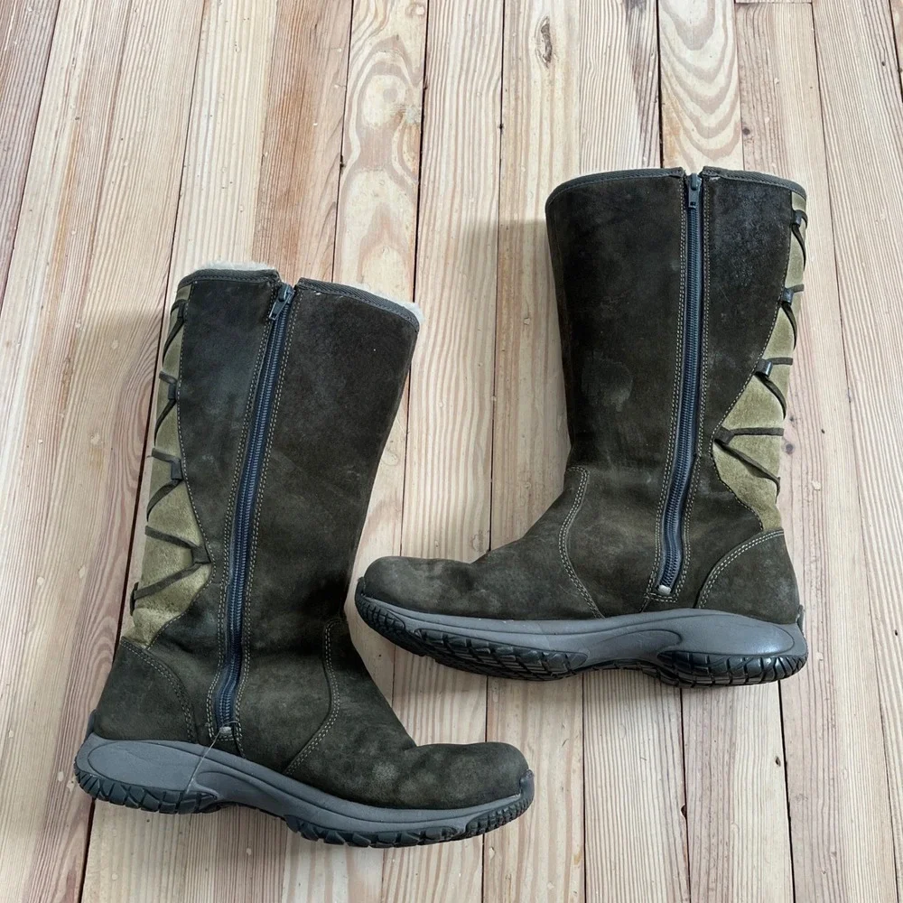 Merrell Encore Back Lace High Fir Suede tall winter Boots olive green Womens 8.5